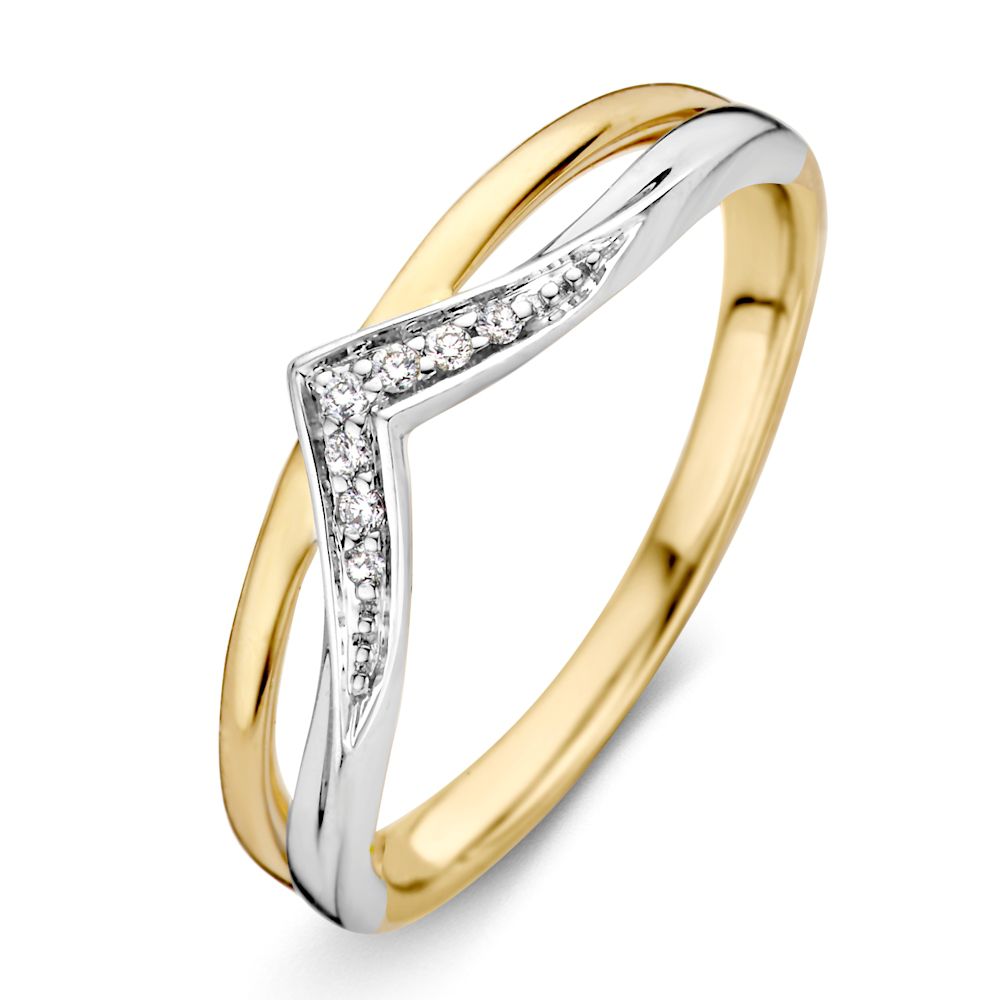 Anillo de dama bicolor de 14 quilates con diseño en forma de V y diamantes brillantes.