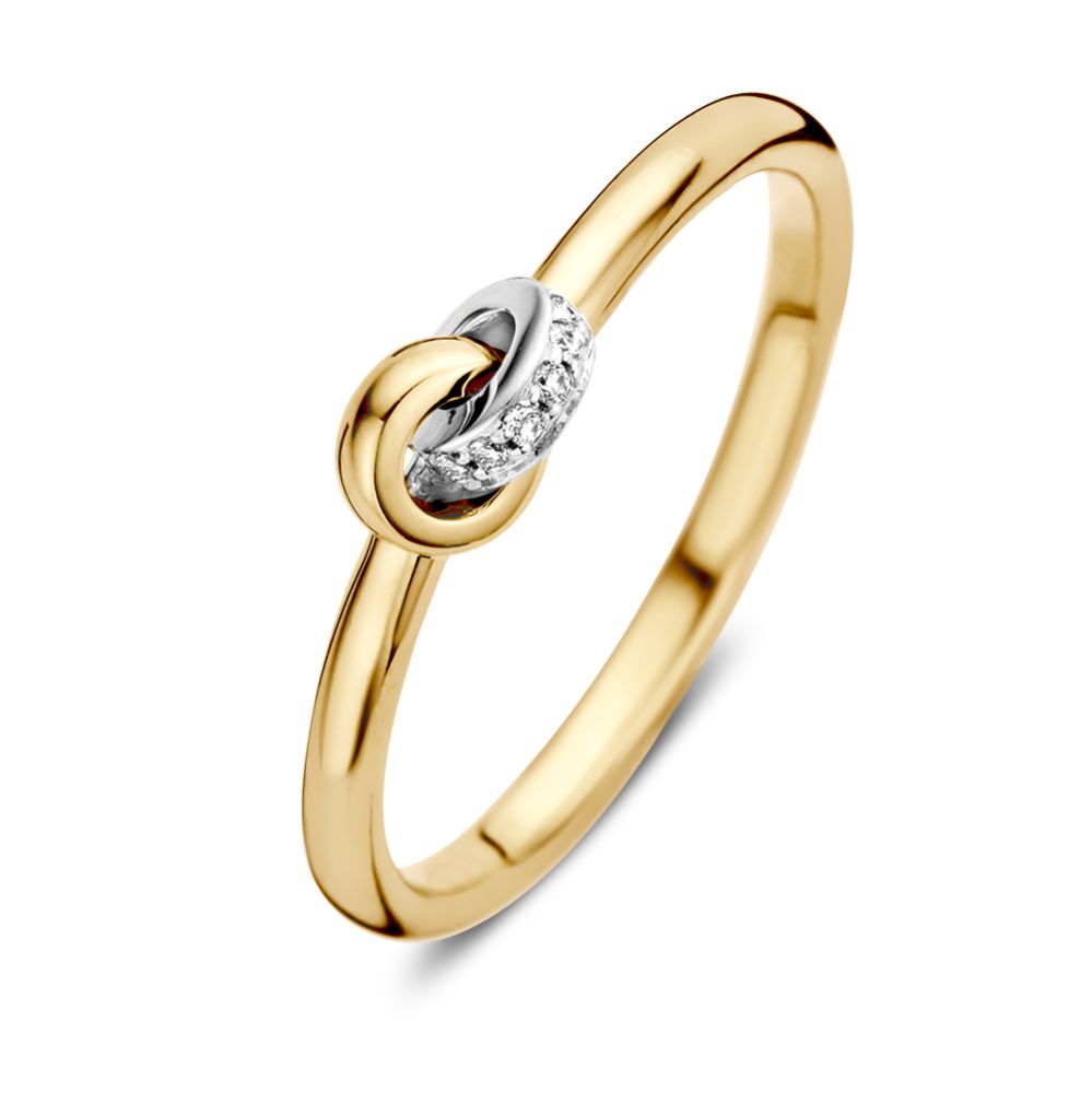 Anillo de dama bicolor de 14 quilates con diamante brillante engastado en el centro.
