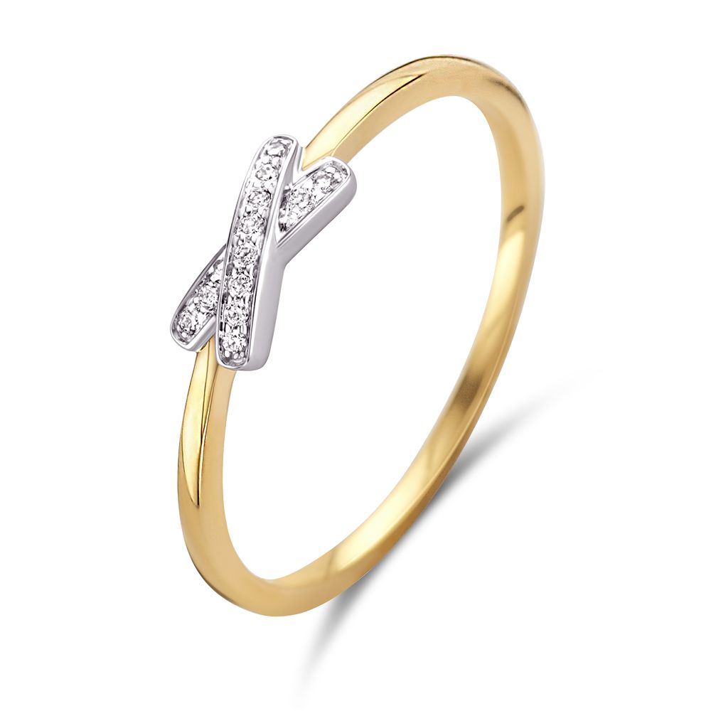 Anillo bicolor de oro de 14 quilates con diseño en forma de X y diamantes.