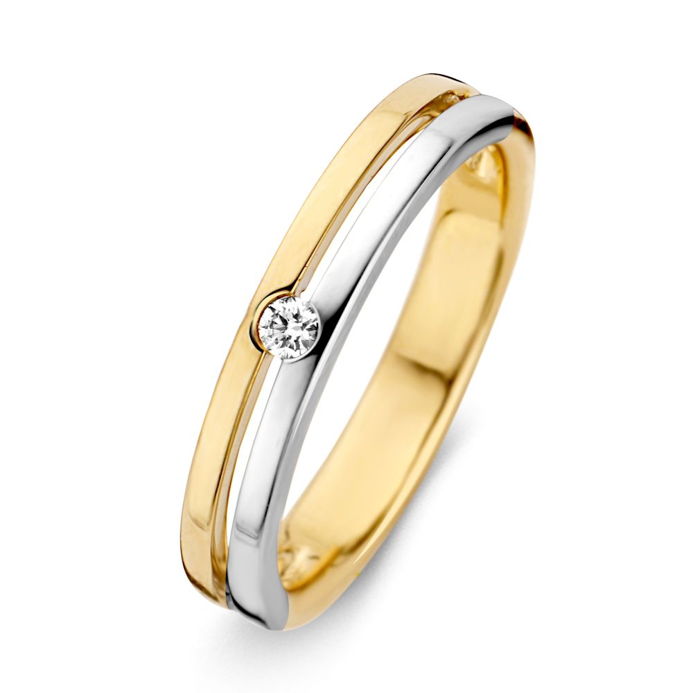 Anillo de dama bicolor de 14 quilates con diamante brillante engastado.