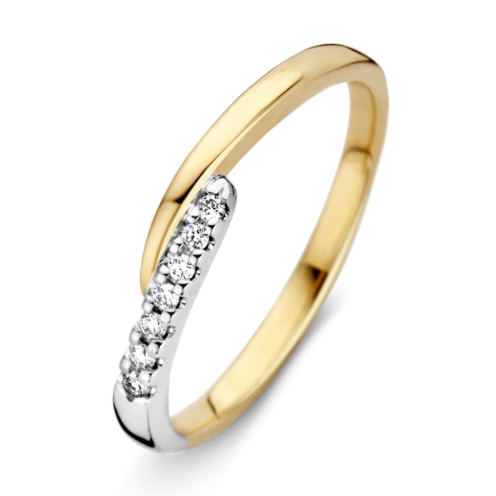 Anillo de dama bicolor de 14 quilates con diamantes brillantes engastados.