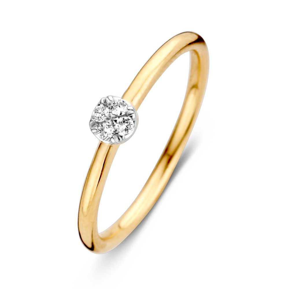Anillo de dama bicolor de oro de 14 quilates con diamante brillante en el centro.