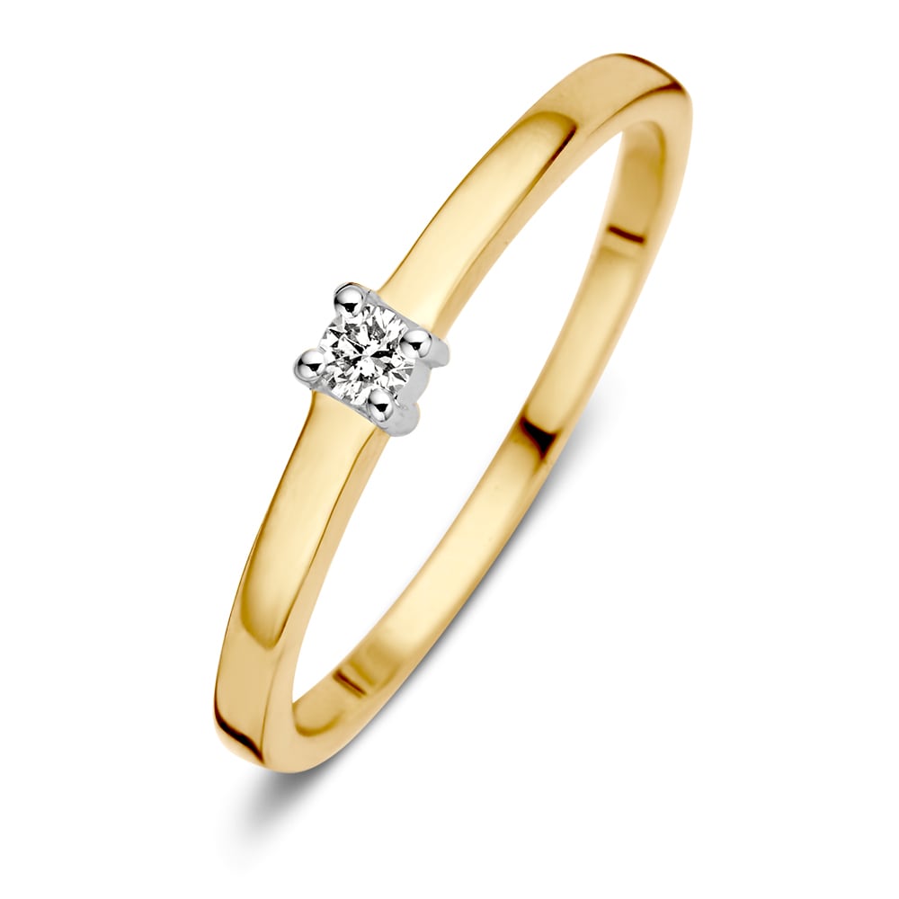 Anillo de dama bicolor de 14 quilates con diamante brillante en el centro.
