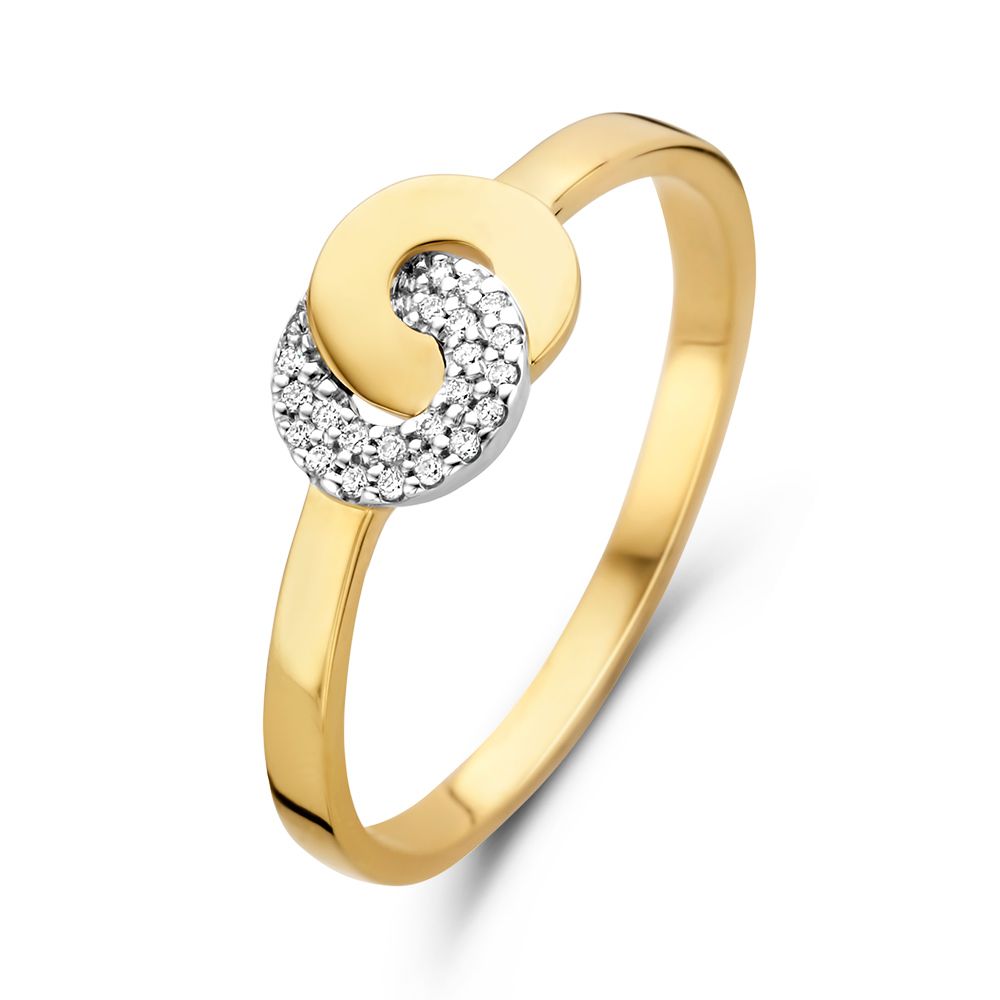 Anillo de dama bicolor de 14 quilates con diamantes y círculos entrelazados.