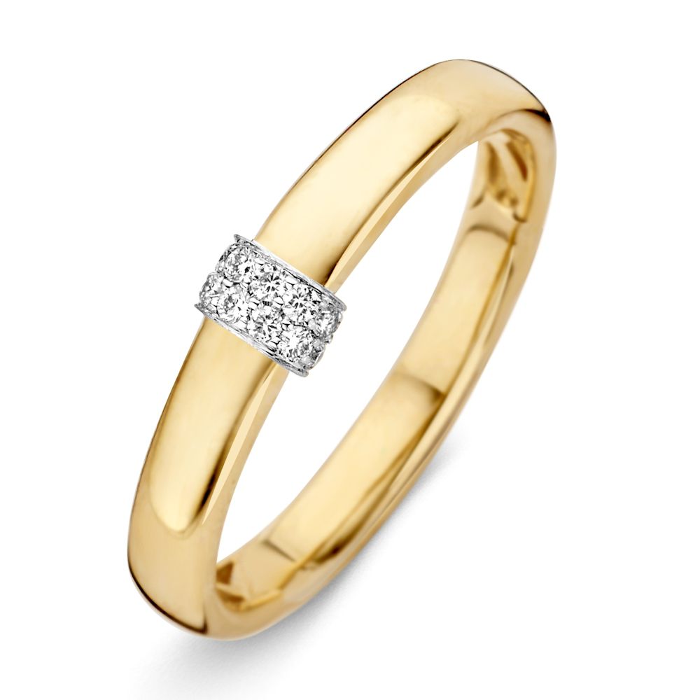 Anillo de dama bicolor de 14 quilates con diamantes brillantes engastados en la parte central.