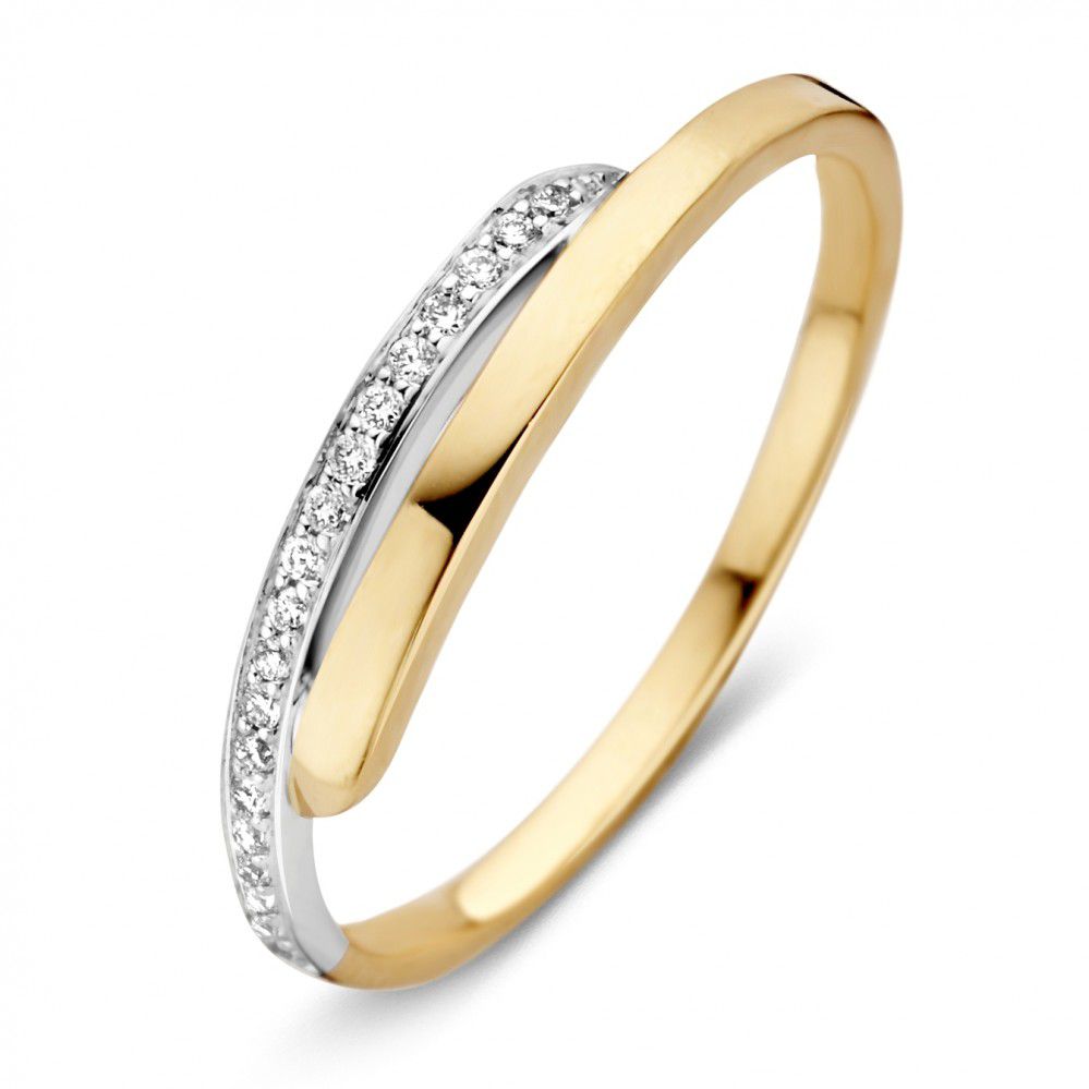 Anillo de dama bicolor de 14 quilates con diamantes brillantes engastados.