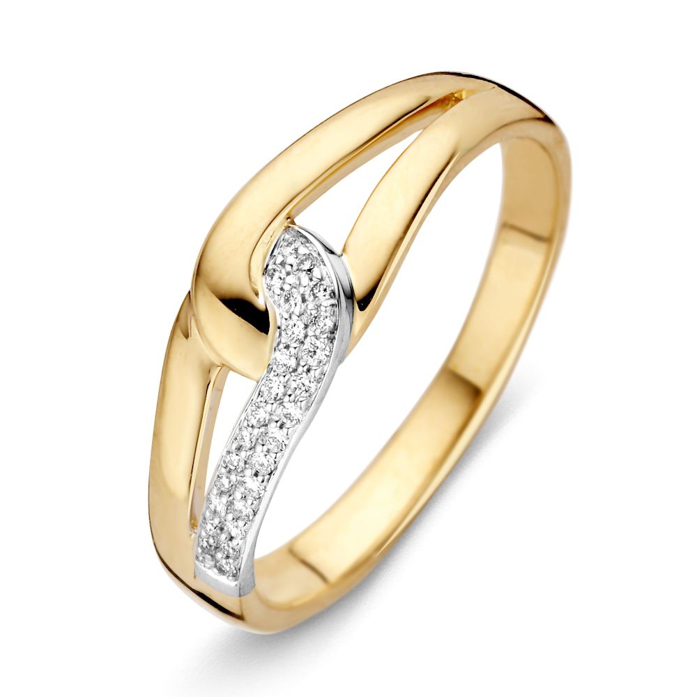 Anillo de dama bicolor de 14 quilates con diamantes brillantes engastados en una banda dorada.