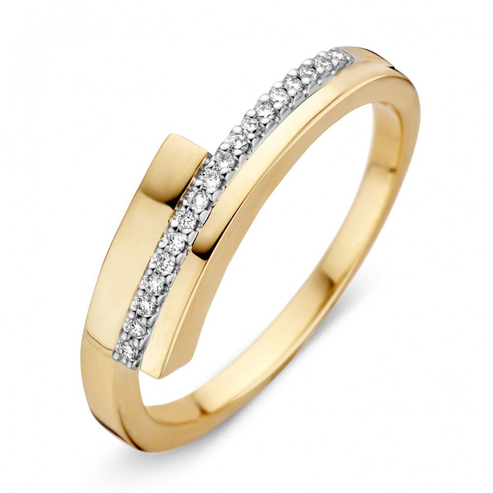 Anillo de dama bicolor de 14 quilates con diamantes brillantes engastados.