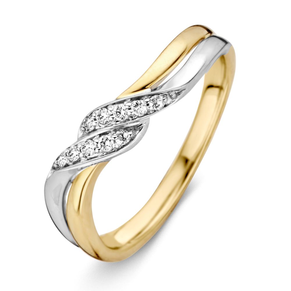 Anillo bicolor de oro de 14 quilates con diamantes brillantes, diseño entrelazado.