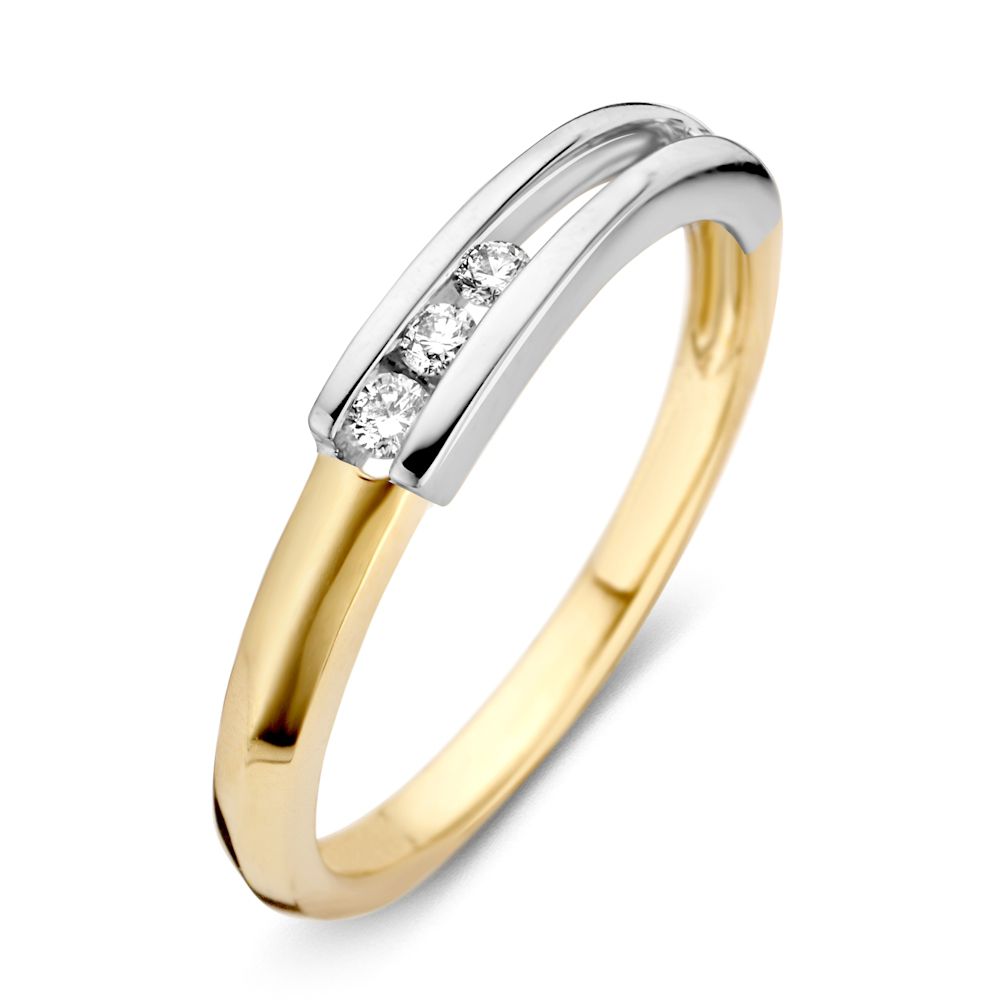 Anillo de dama bicolor de 14 quilates con diamantes brillantes engastados.