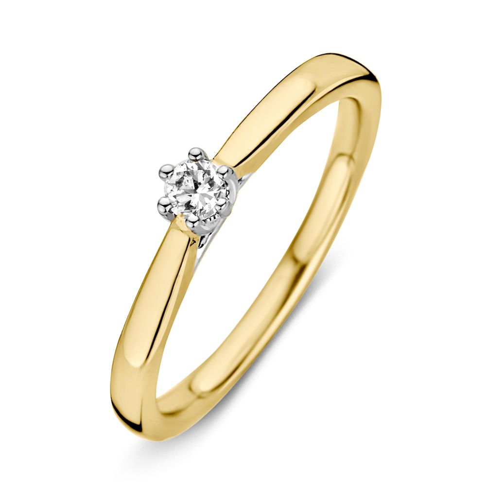 Anillo solitario bicolor de oro de 14 quilates con diamante y engaste de seis garras.