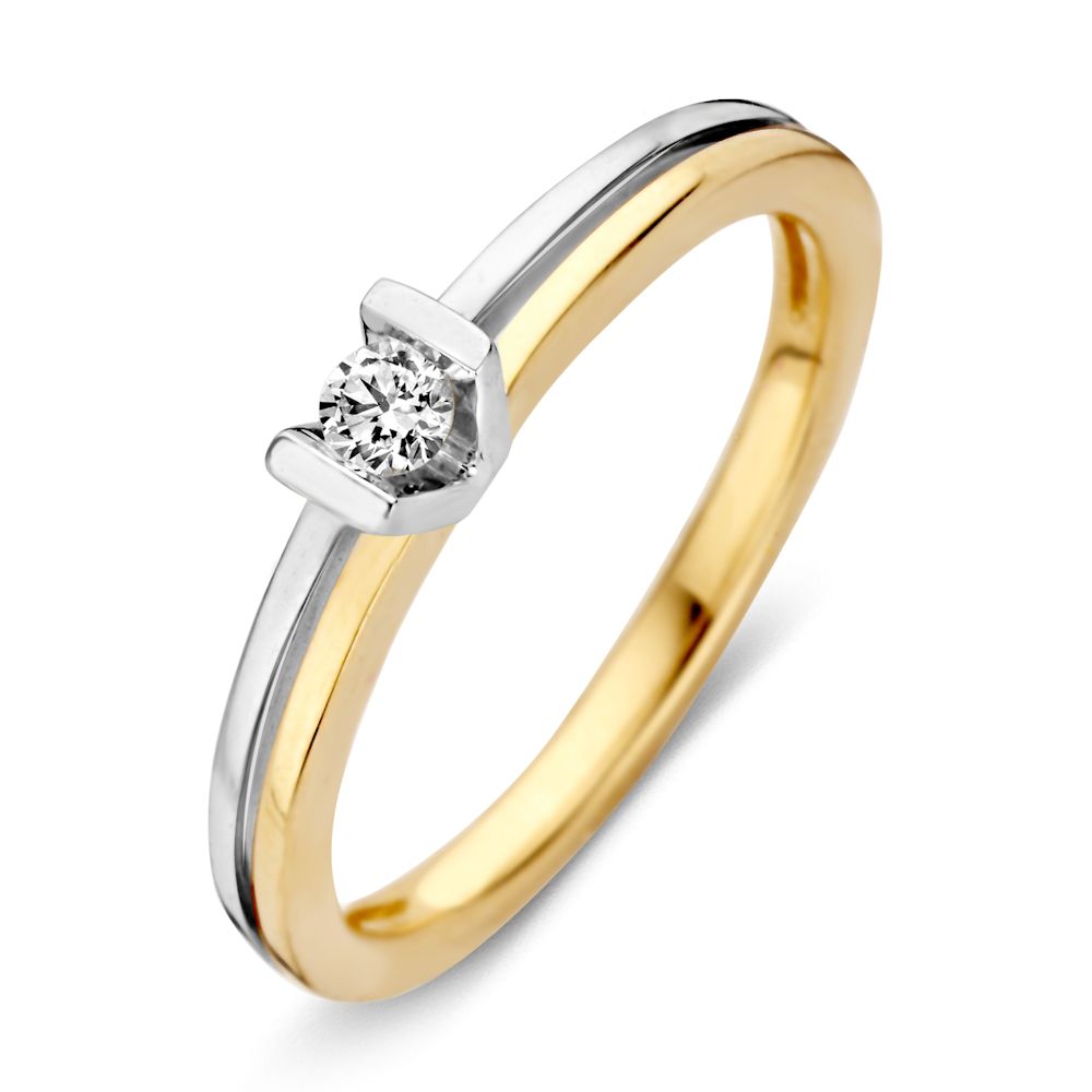 Anillo de dama bicolor de 14 quilates con diamante brillante en el centro.