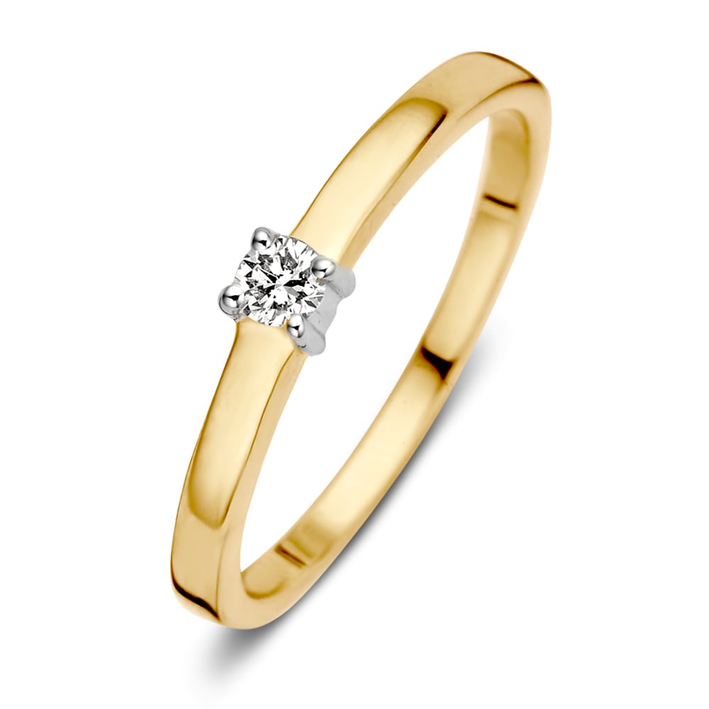 Anillo de dama bicolor de 14 quilates con diamante brillante en el centro.
