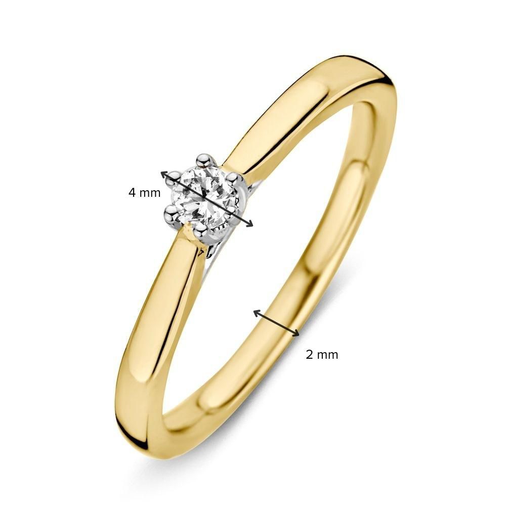 The Excellent Jewelry 14-karaats bicolor gouden solitair ring met diamant en zespootszetting heeft een 2 mm gouden band en 4 mm ronde diamant, gepresenteerd op een witte achtergrond.