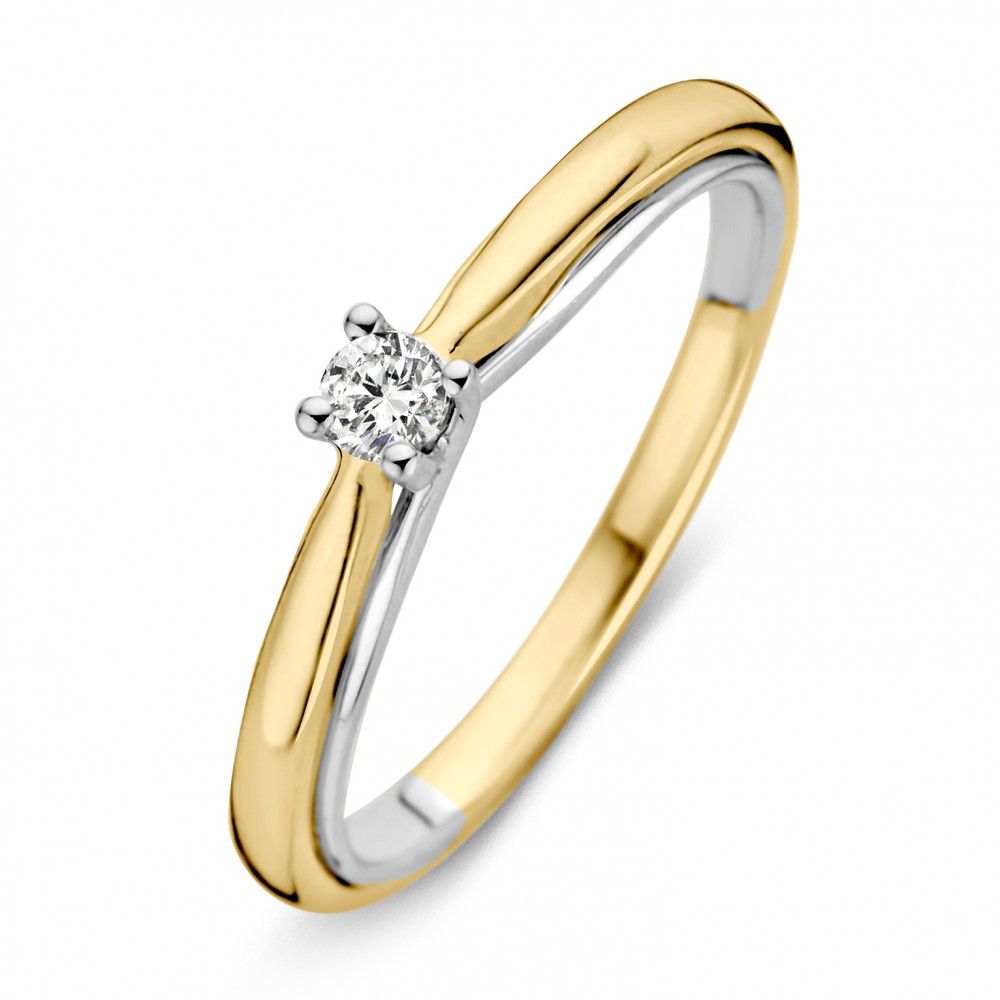 Anillo bicolor de oro de 14 quilates con diamante brillante en el centro.
