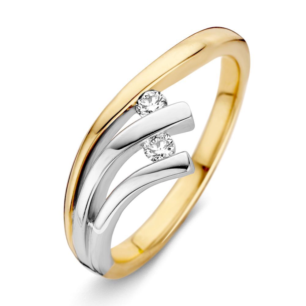 Anillo de dama bicolor de 14 quilates con diamantes brillantes engastados.