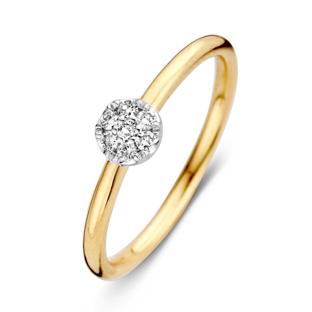 Anillo de dama bicolor de 14 quilates con diamantes brillantes en la parte superior.