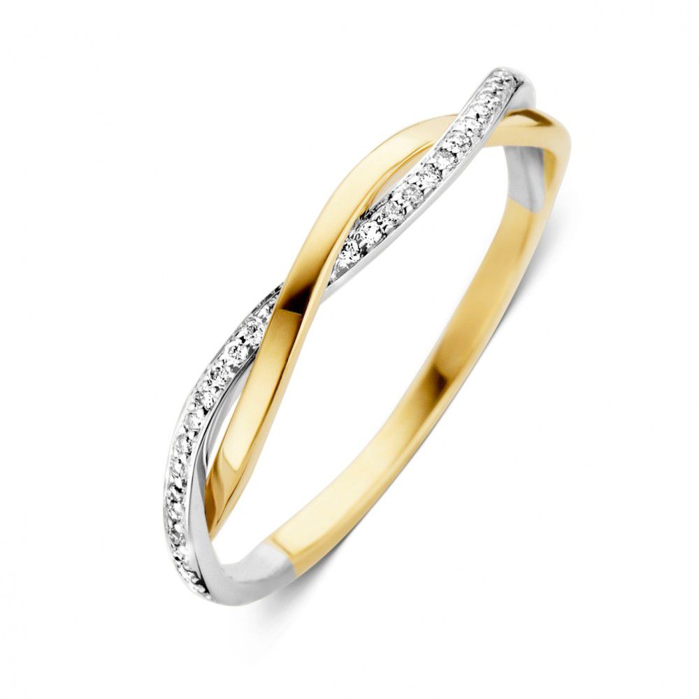 Anillo bicolor de oro de 14 quilates con diamantes brillantes engastados.