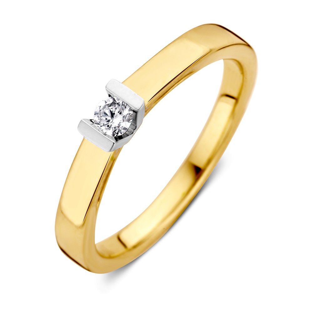 Anillo de oro de 14 quilates con un diamante brillante de 0.10 ct, diseño elegante y moderno.