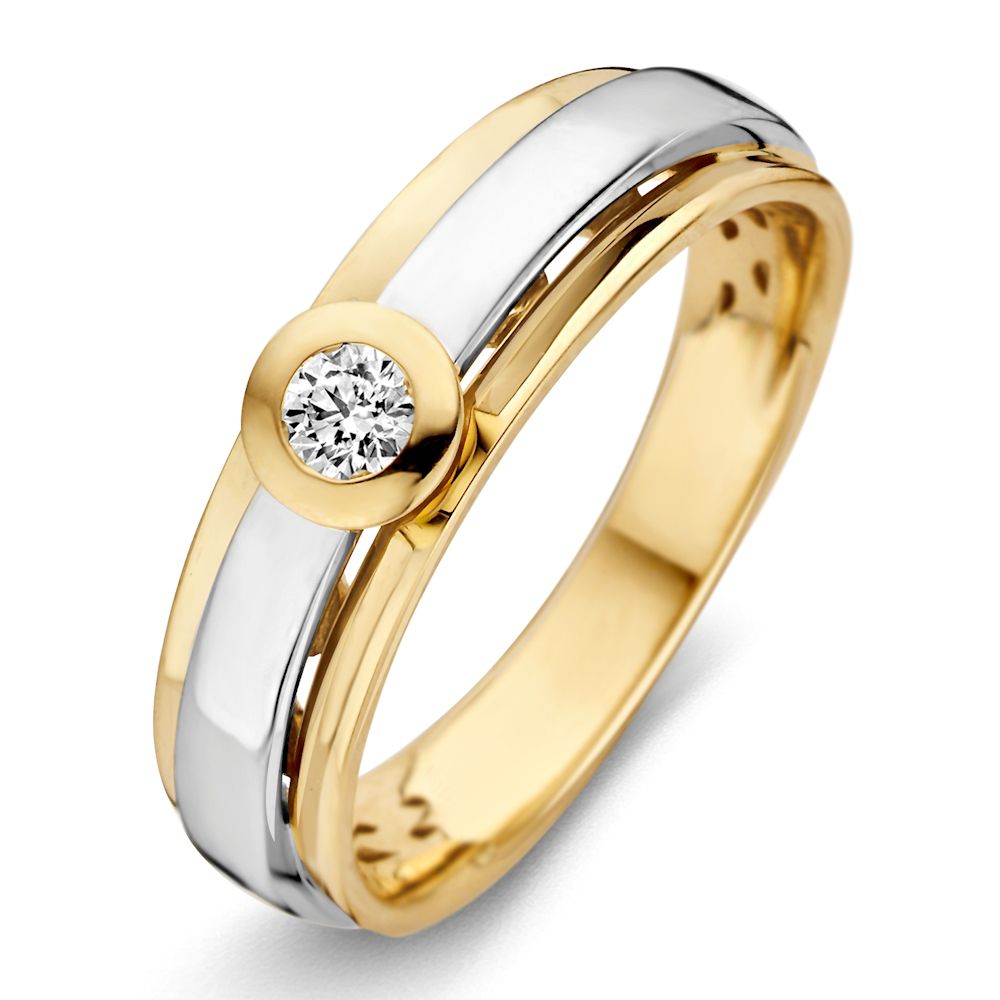 Anillo bicolor de oro de 14 quilates con diamante brillante en el centro.