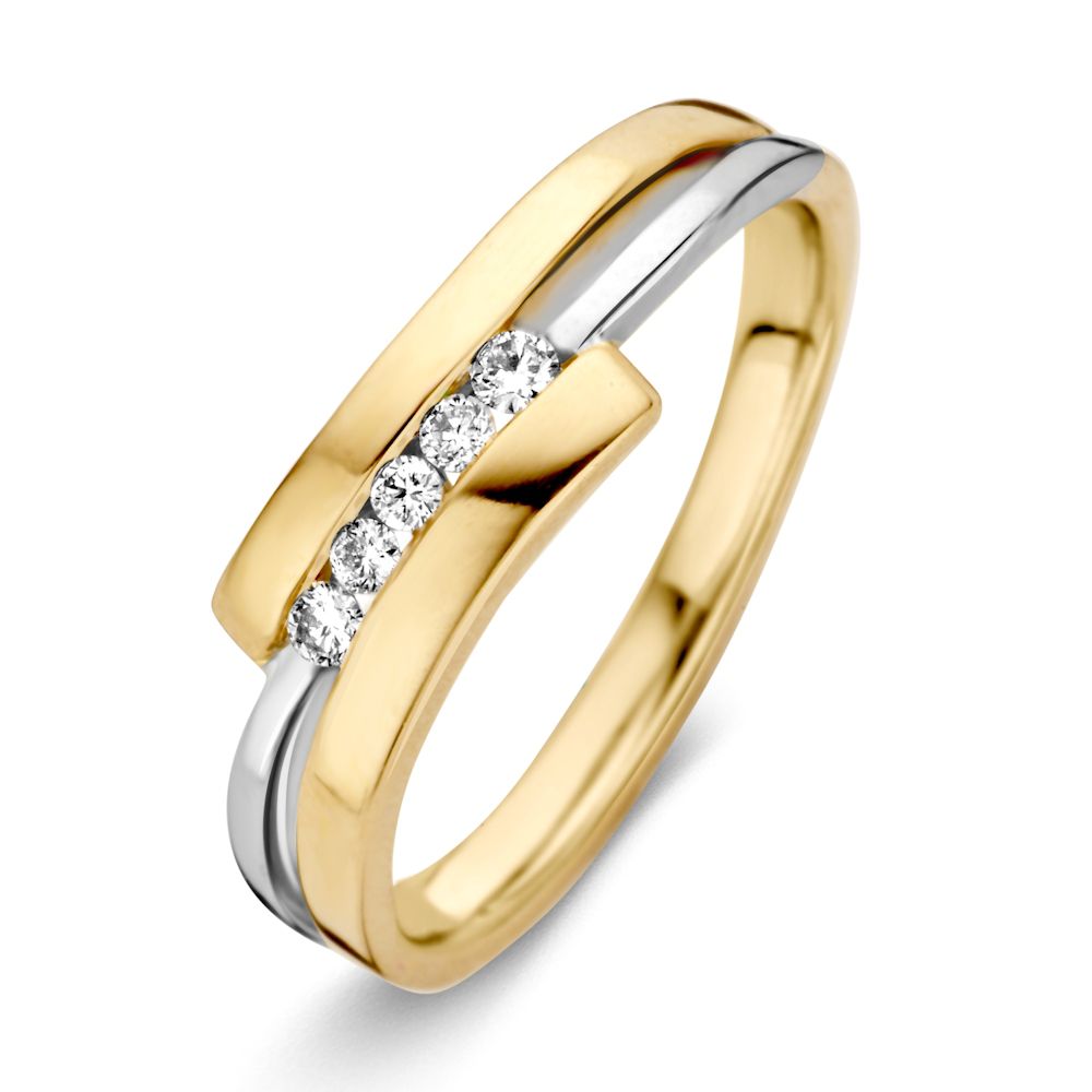 Anillo bicolor de oro de 14 quilates con diamantes en corte brillante.