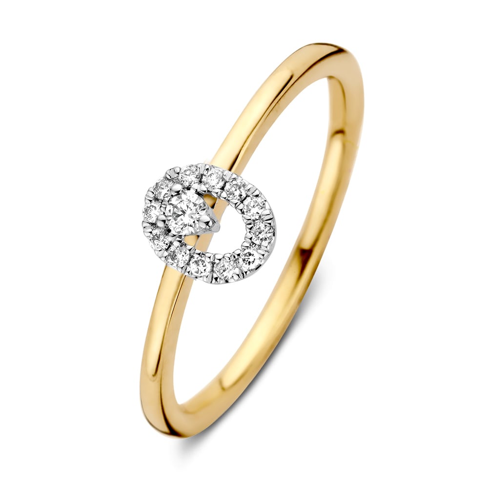 Anillo de oro amarillo y blanco de 14 quilates con diamantes brillantes engastados.