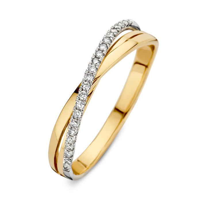 De "Bicolor 14kt Gouden Crossover Ring met 0.11ct Diamanten" van Excellent Jewelry heeft twee in elkaar verstrengelde banden - één effen, één bezet met briljant geslepen diamanten - voor een moderne en elegante look.