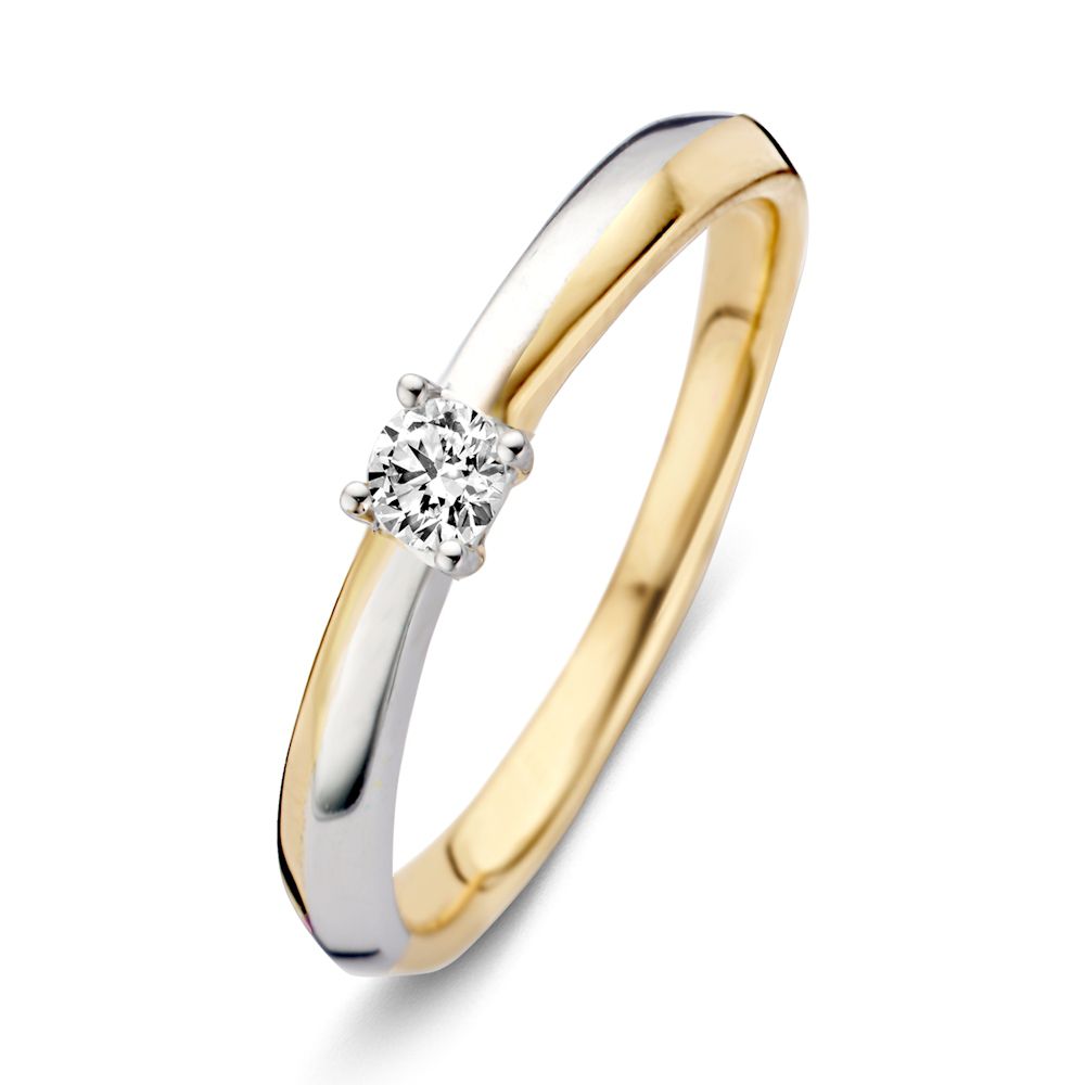 Anillo bicolor de oro de 14 quilates con diamante brillante de 0,12 ct.