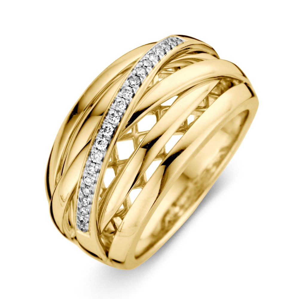 Anillo bicolor de dama con bandas refinadas y brillantes, en oro amarillo y detalles de diamantes.