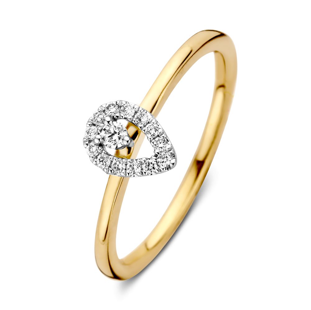 Anillo bicolor de oro amarillo y blanco con diamante de 0.12 crt, 14 quilates.