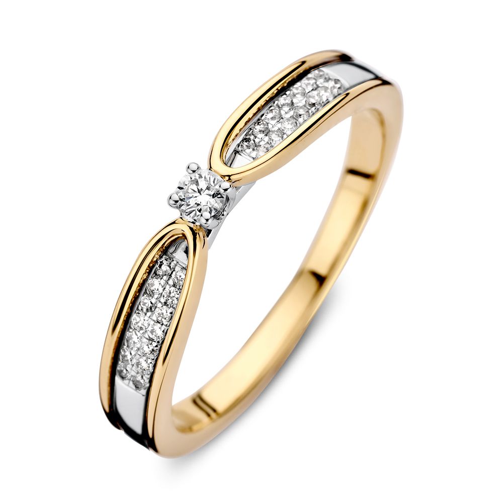 Anillo bicolor de oro amarillo y blanco de 14 quilates con diamantes, con una piedra central destacada.