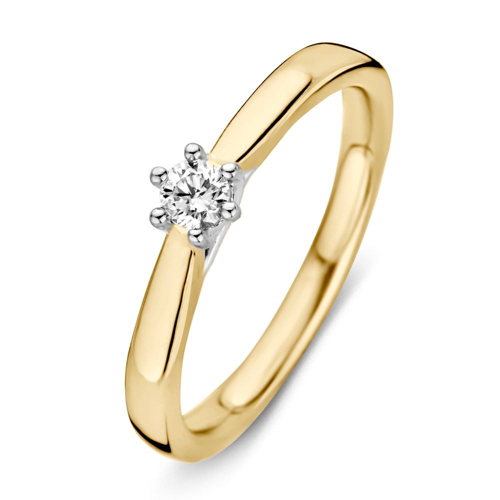 Anillo bicolor de oro amarillo y blanco para dama con diamante brillante de 0.14 ct.
