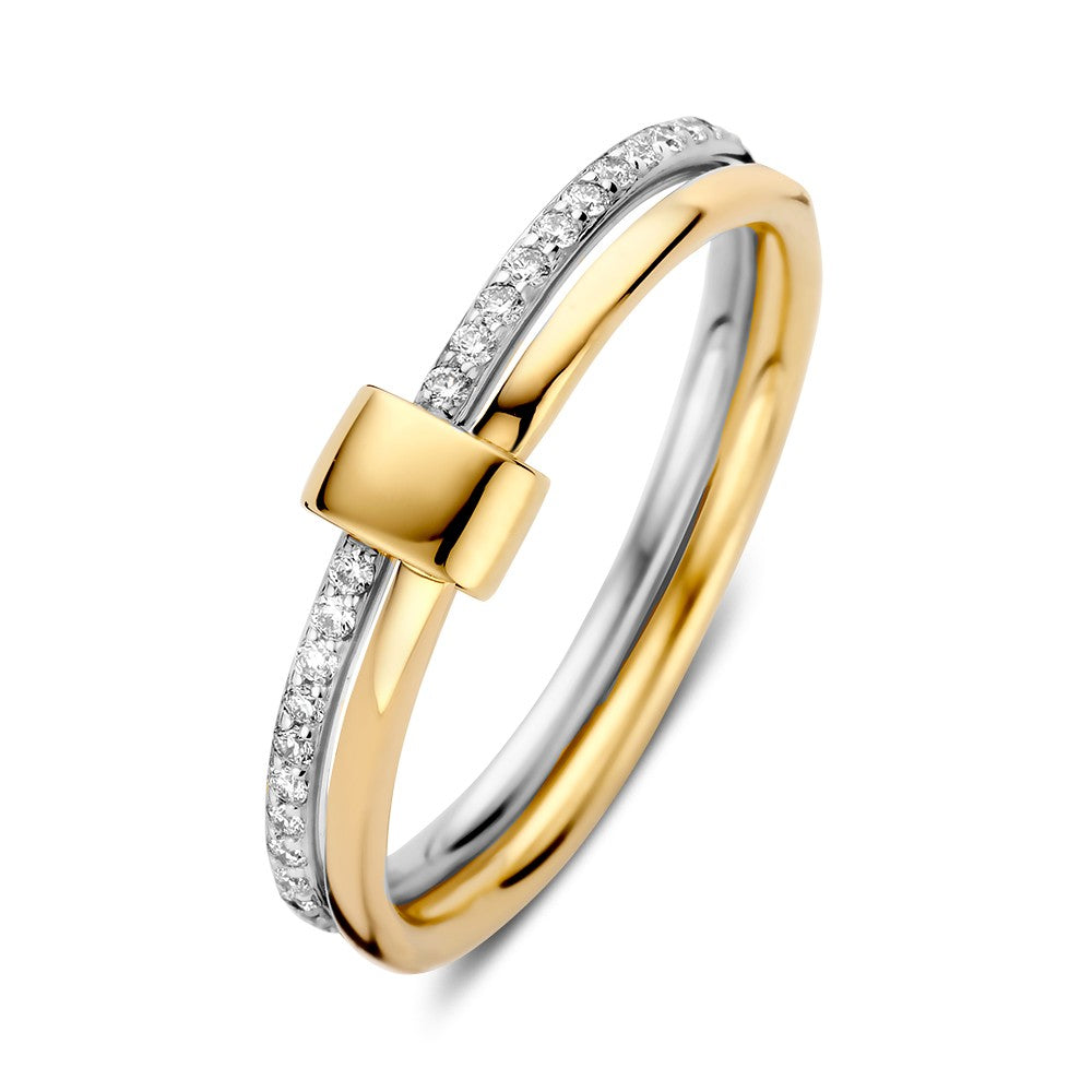 Anillo bicolor de oro amarillo y blanco de 14 quilates con diamantes de 0.14 ct.