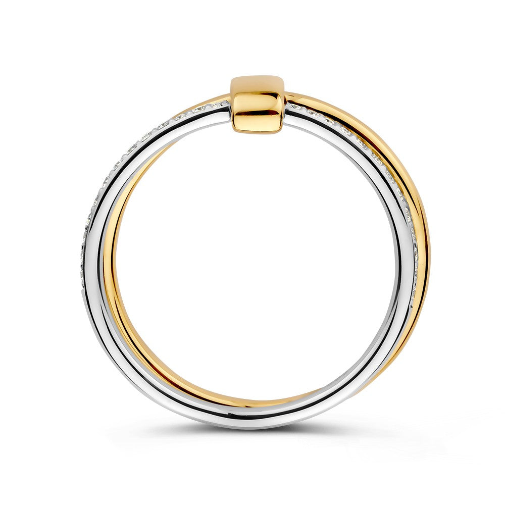 Anillo bicolor de 14kt oro amarillo y oro blanco con 0.14ct diamantes