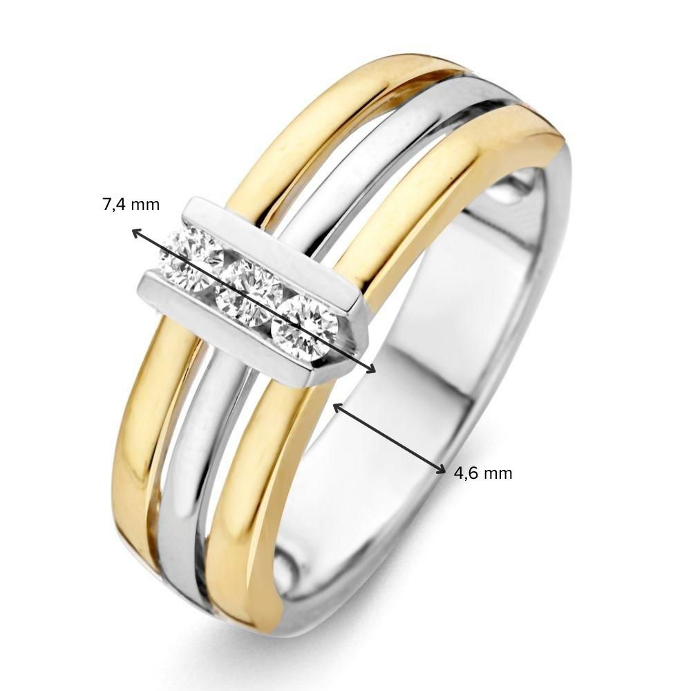 Anillo Bicolor Ancho de Oro con Tres Diamantes en Engaste en V 0.15 crt.