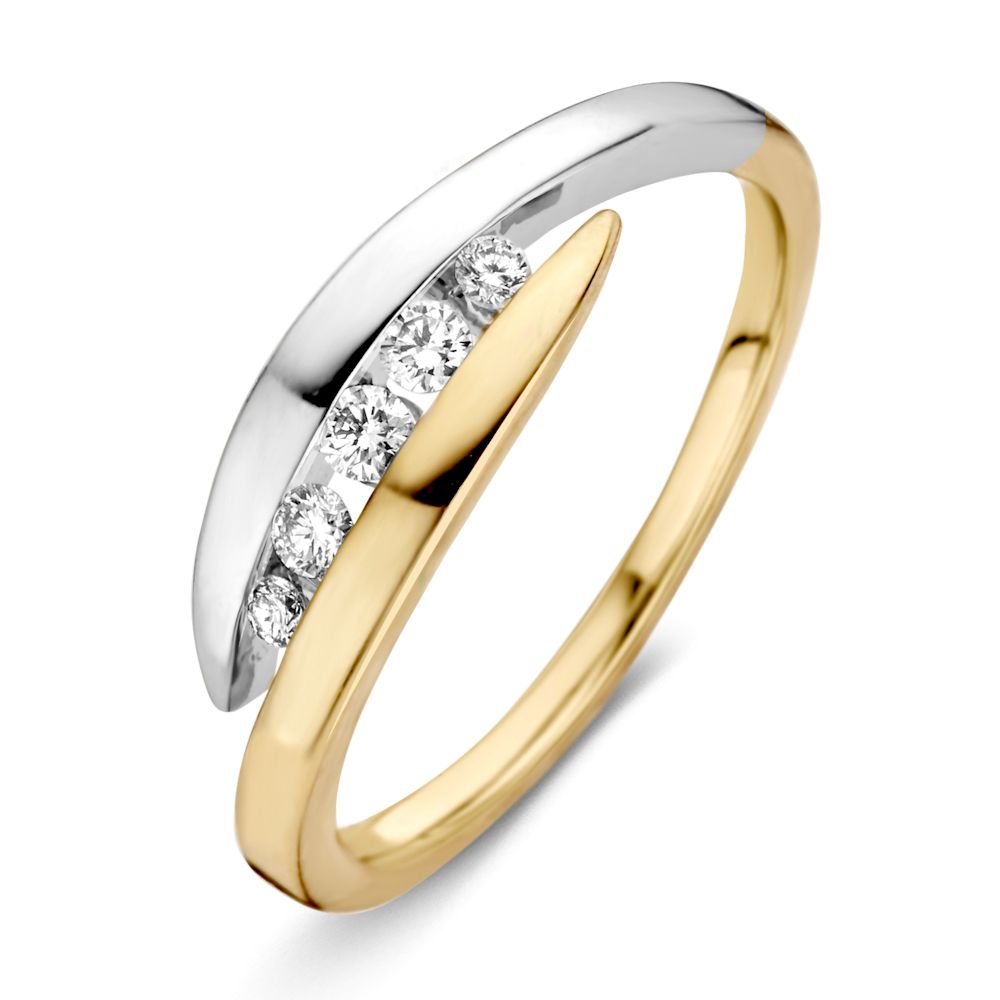 Anillo bicolor de 14K en oro amarillo y blanco con diamantes brillantes de 0.16 ct.