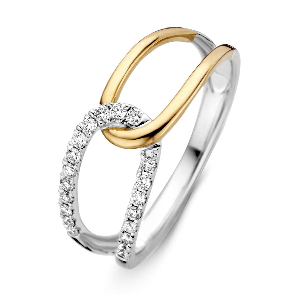 Anillo de dama bicolor en oro amarillo y blanco con diamante brillante de 0.18 ct.