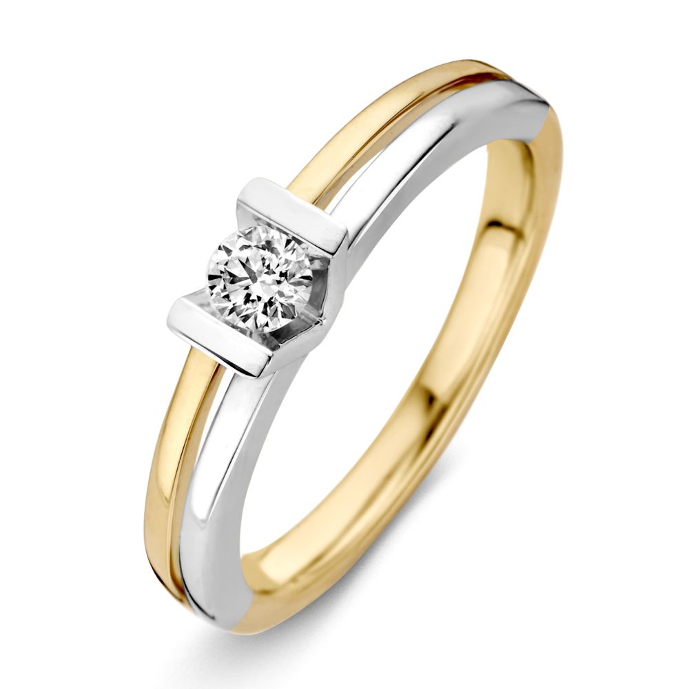 Anillo de dama bicolor en oro amarillo y blanco de 14K con diamante brillante de 0.18 ct.