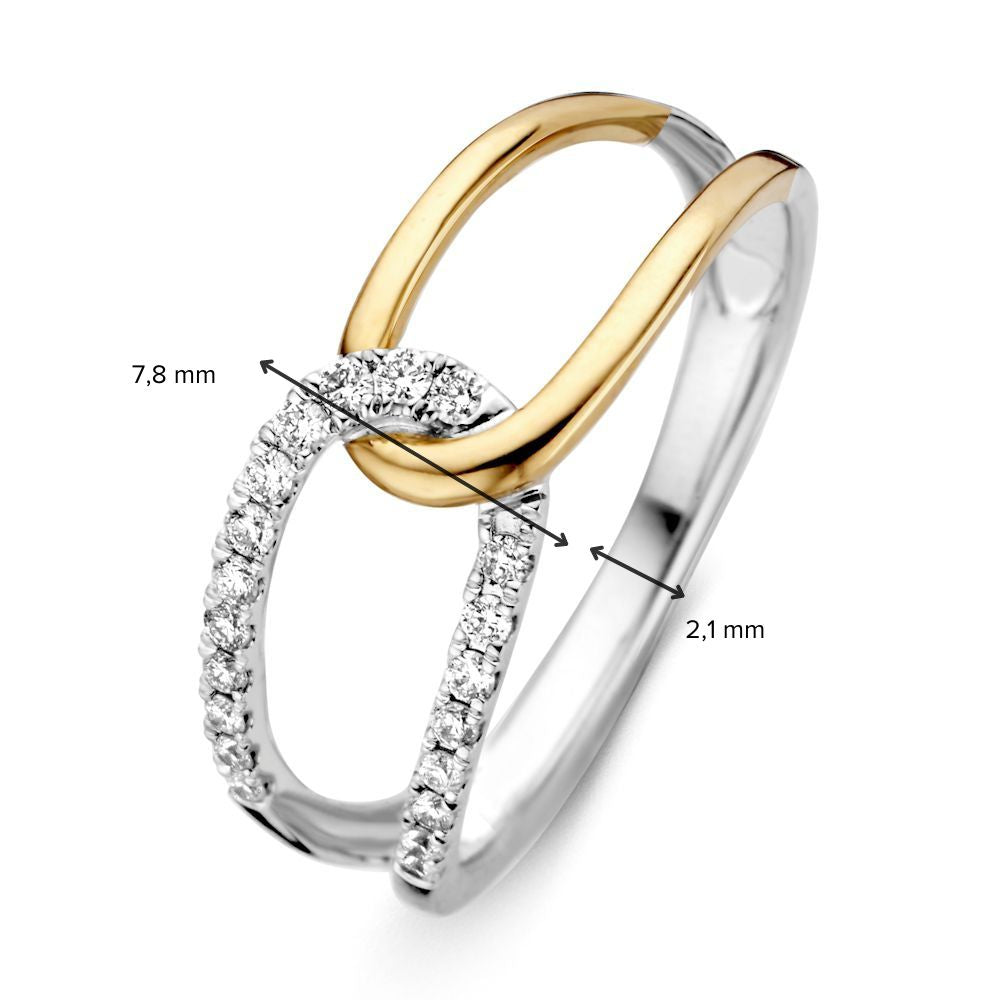 De Excellent Jewelry 14K bicolor geel- en witgouden damesring met 0,18 ct briljant diamant heeft een prachtig ontwerp met één zijde bezet met diamanten, en meet 7,8 mm en 2,1 mm op verschillende punten van de ring.