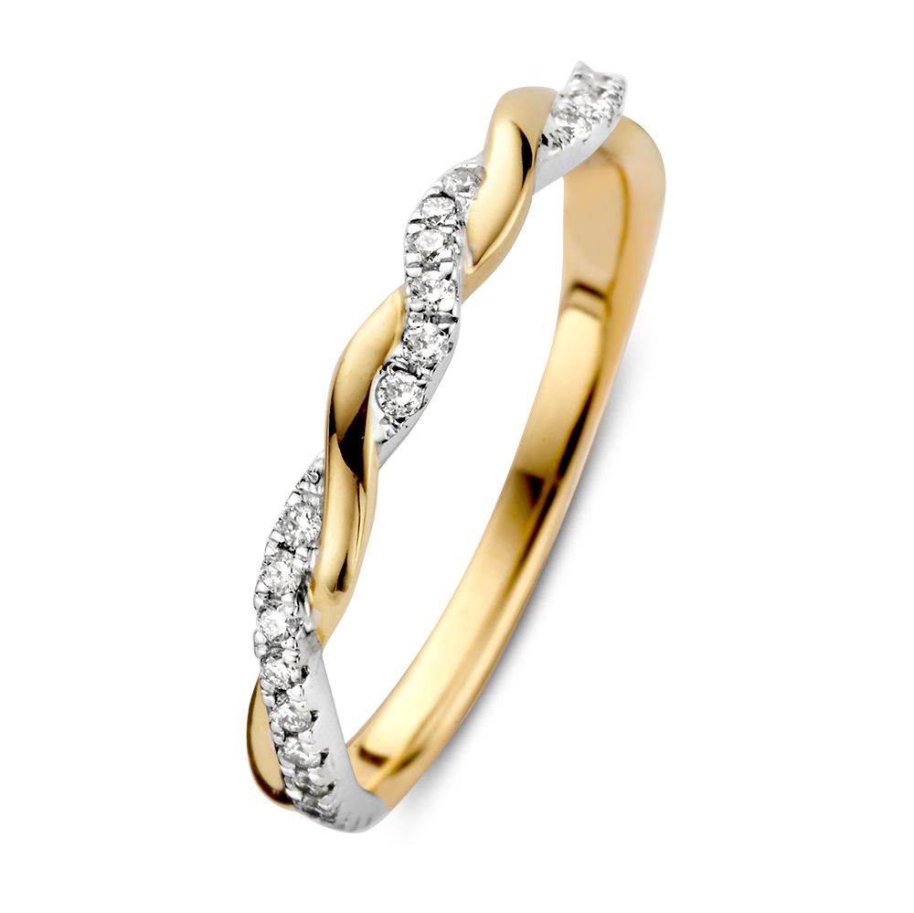 Anillo bicolor de oro con diseño trenzado y brillantes que suman 0.19 crt.