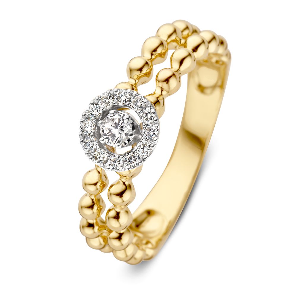 Anillo dorado con diamantes y doble fila de bolitas doradas, con un diamante central de 0.19 crt.