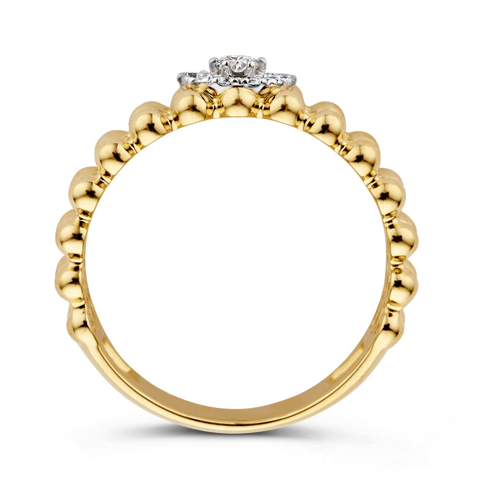Anillo de oro elegante con diamantes y fila triple de bolitas de oro 0.19 crt.