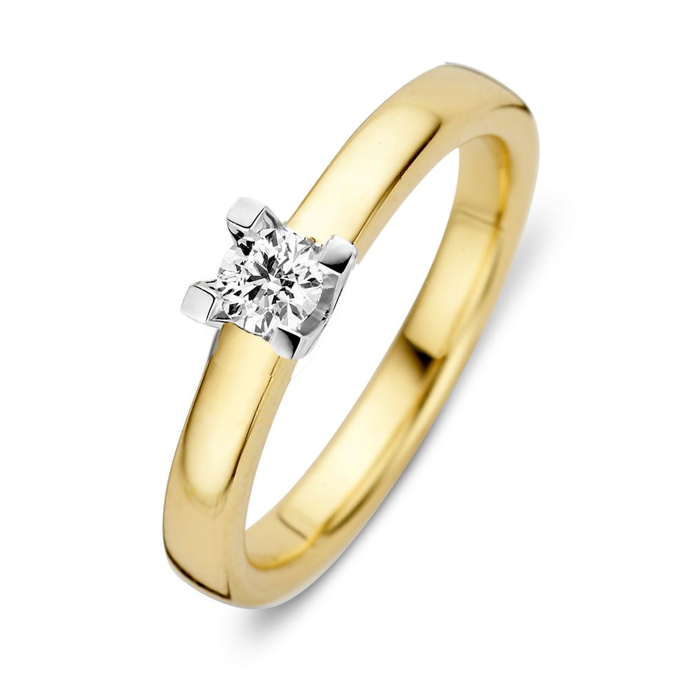 Anillo bicolor con brillante de 0.19 crt, con banda dorada y engaste blanco.