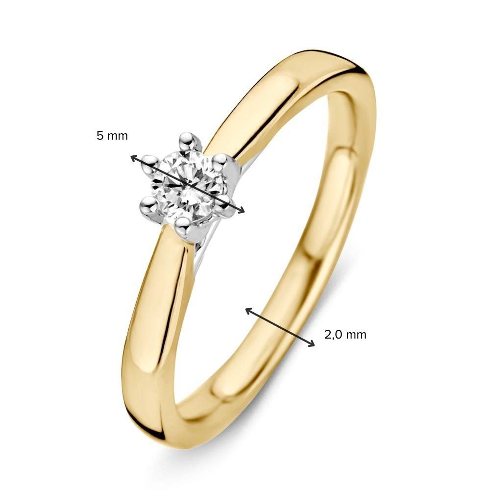 De Excellent Jewelry 14K geel- en witgouden damesring heeft een 2,0 mm band en een witte zetting met een briljant geslepen diamant van 0,19 ct (diameter: 5 mm) in een elegante solitairzetting.