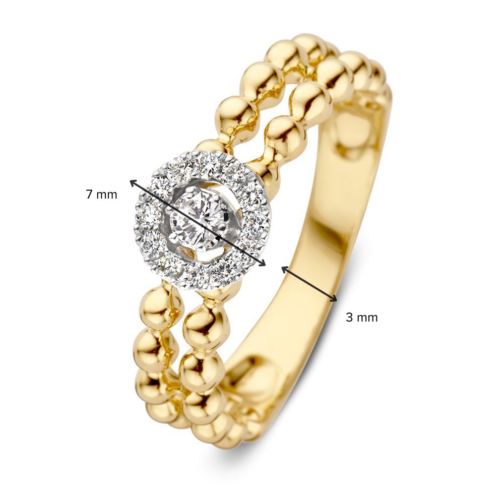 Anillo de oro elegante con diamantes y doble fila de bolitas de oro 0.19 crt.