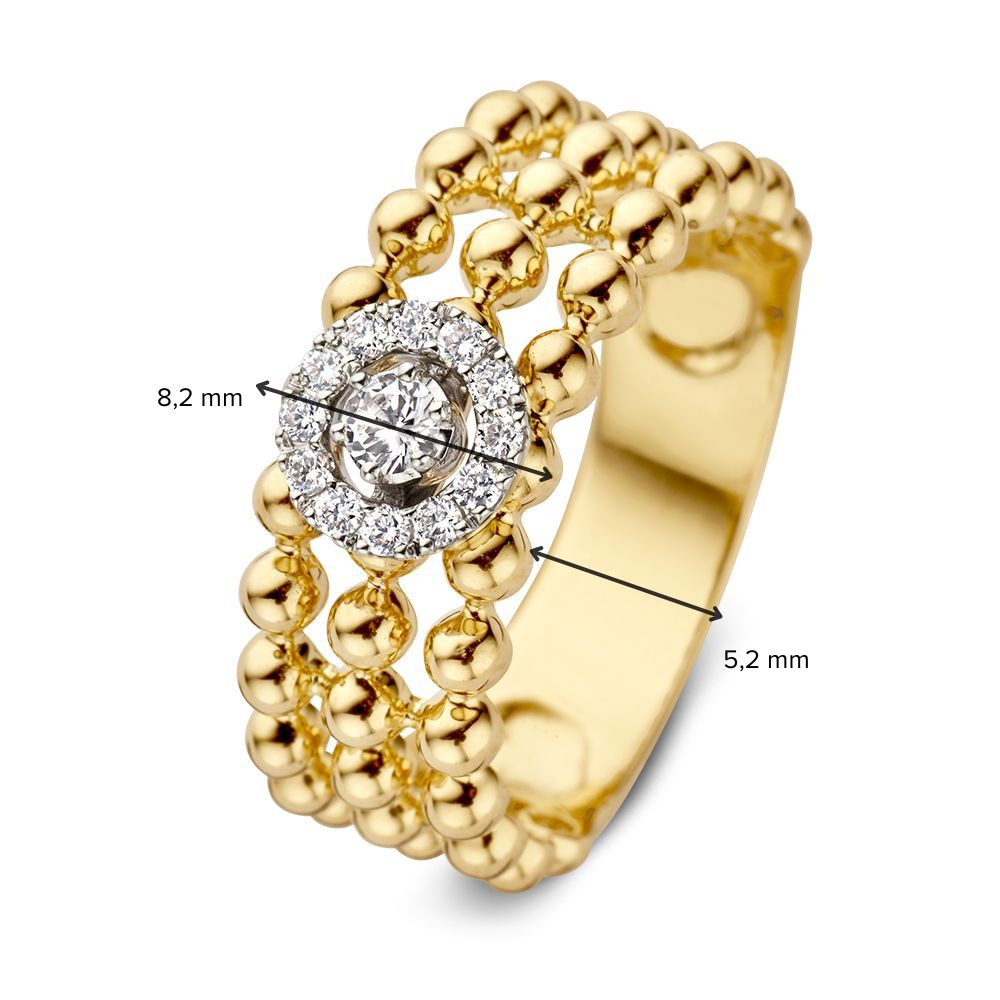 Anillo de oro elegante con diamantes y fila triple de bolitas de oro 0.19 crt.