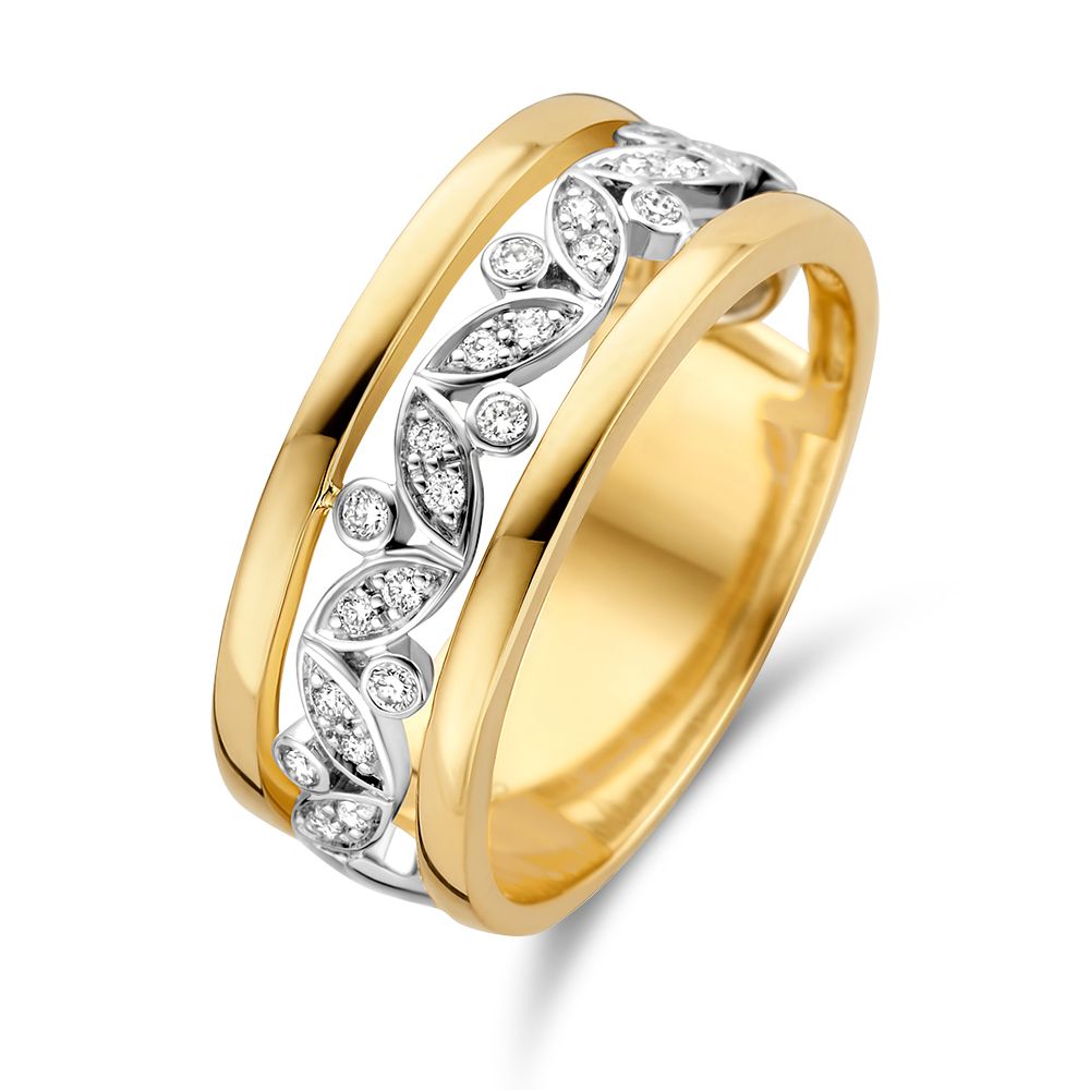Anillo bicolor de oro con diamantes de 0.20 quilates y diseño de hojas.