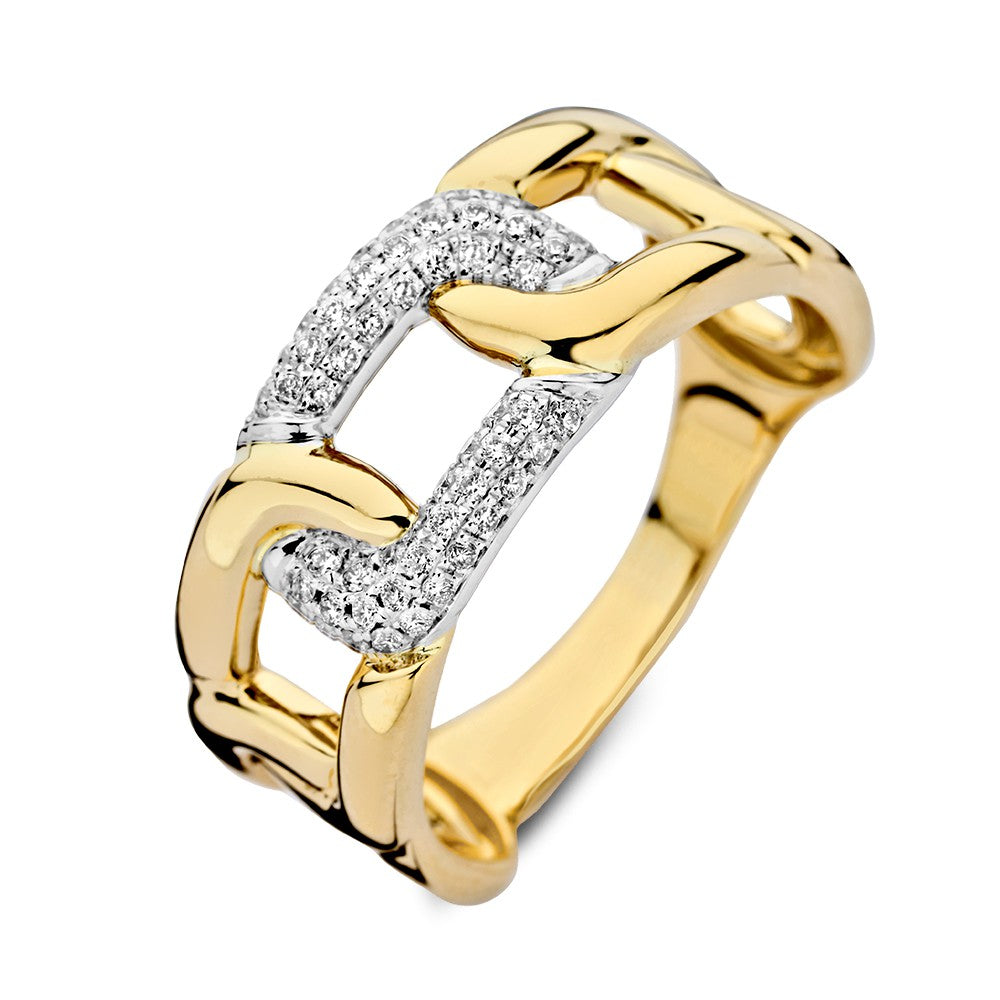Anillo bicolor de oro con diamantes de 0.20 quilates, diseño entrelazado y acabado brillante.