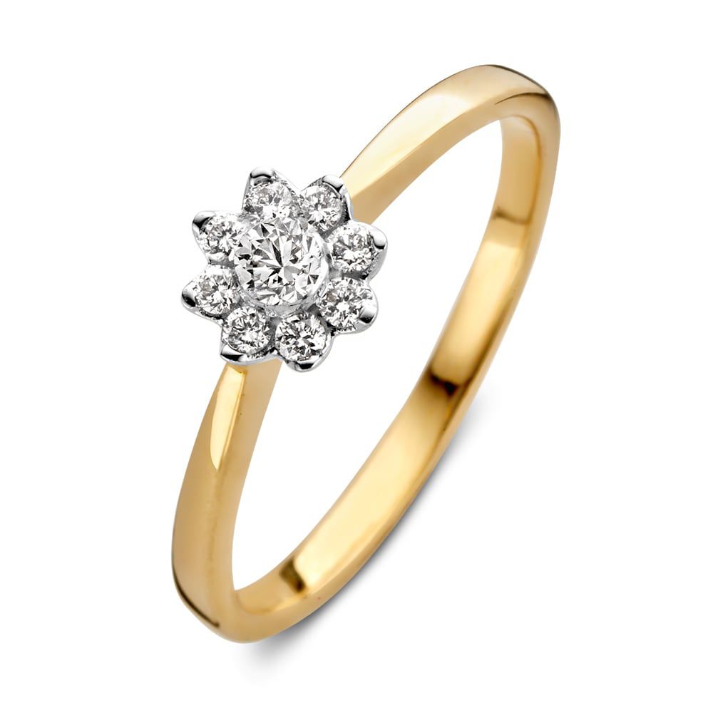 Anillo bicolor elegante con diamantes brillantes de 0.21 crt en forma de flor.