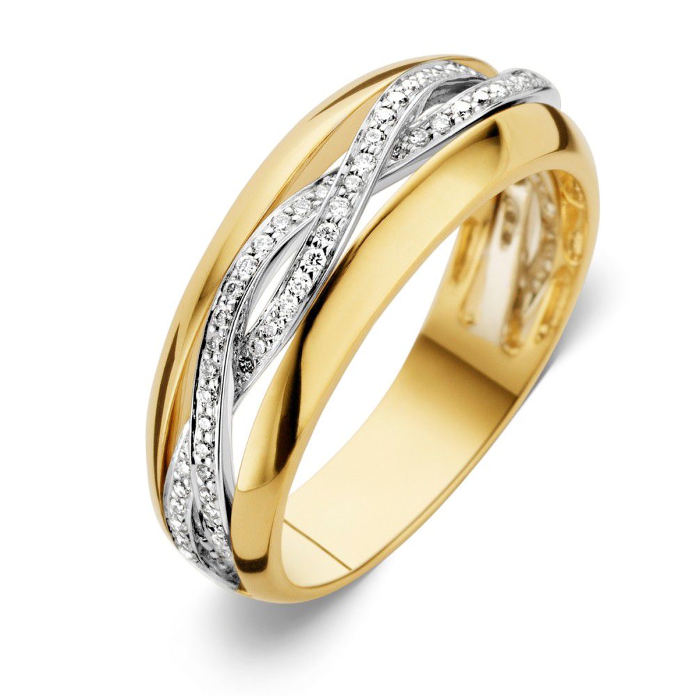 Anillo bicolor de oro amarillo y blanco con diamantes de 0,22 ct, diseño entrelazado.